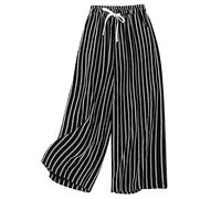 TURWXGSO Linen Trousers Womens Striped Wide Leg Pants Elastic Waist Drawstring Long Pants Vintage Elegant Baggy Pants Casual Loose Fit Flared Trousers with Pockets