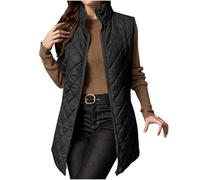 TURWXGSO Long Quilted Gilet for Women UK Zip Stand Collar Women's Quilted Gilet Lightweight Body Warmer Padded Outdoor Vest Sleeveless Jacket Winter Warm Outerwear Waistcoat UK Size 8-16