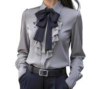 TURWXGSO Long Sleeve Tops Women Bow Tie Neck Button Down Shirts Silk Blouses Long Sleeve Elegant Satin Blouse Dressy Business Casual Top Relaxed Fit Comfort Shirt Work Office Wear