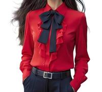 TURWXGSO Long Sleeve Tops Women Bow Tie Neck Button Down Shirts Silk Blouses Long Sleeve Elegant Satin Blouse Dressy Business Casual Top Relaxed Fit Comfort Shirt Work Office Wear