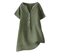 TURWXGSO Long Tunic Tops for Women UK Cotton Linen Shirts Short Sleeve Button Up V Neck Blouses Oversized Henley Shirt Dress Tops to Wear with Leggings Elegant Pullover T Shirt Sale