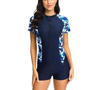 TURWXGSO Modest Swimwear Women Beach Surf One Piece Swimsuit Ladies Printed Trendy Tummy Control Bathing Suit Short Sleeve Zip Front Round Neck Full Coverage Rash Guard