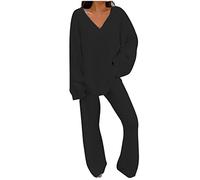 TURWXGSO Pyjamas for Women UK Ladies V Neck Oversized Pajamas Soft Loungewear Summer Pjs Set Long Sleeve Shirts + Long Wide Leg Pants Casual Comfortable Nightdress