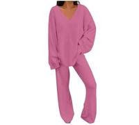 TURWXGSO Pyjamas for Women UK Ladies V Neck Oversized Pajamas Soft Loungewear Summer Pjs Set Long Sleeve Shirts + Long Wide Leg Pants Casual Comfortable Nightdress