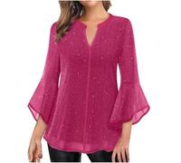 TURWXGSO Sequin Tops for Women UK V Neck 3/4 Sleeve T Shirts Glitter Elegant Party Ruffle Blouses Shimmer Jumpers Flowy Loose Tunic Blouses Sparkly Evening Double Layered Mesh Shirts