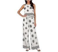 TURWXGSO Summer 2 Piece Sets for Women 2026 Boho Floral Printed Crew Neck Tank Tops Flowy Wide Leg Pants Travel Beach Vacation Suit with Pockets Casual Loungewear Set White