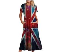 TURWXGSO Summer Dresses for Women UK Casual Short Sleeve Union Jack Printed Flowy Maxi Dress Loose Comfy Crewneck Swing Sundress Vacation Long Dress with Pockets