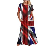 TURWXGSO Summer Dresses for Women UK Casual Short Sleeve Union Jack Printed Flowy Maxi Dress Loose Comfy Crewneck Swing Sundress Vacation Long Dress with Pockets