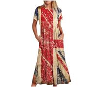 TURWXGSO Summer Dresses for Women UK Casual Short Sleeve Union Jack Printed Flowy Maxi Dress Loose Comfy Crewneck Swing Sundress Vacation Long Dress with Pockets