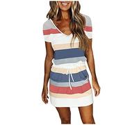 TURWXGSO Summer Dresses for Women UK V-Neck Tie Waist Shift Dress Short Sleeve Striped Printd Dresses with Pocket Casual Loose Shirtdress Holiday Beach Mini Dress Comfy Outfits