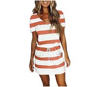 TURWXGSO Summer Dresses for Women UK V-Neck Tie Waist Shift Dress Short Sleeve Striped Printd Dresses with Pocket Casual Loose Shirtdress Holiday Beach Mini Dress Comfy Outfits