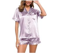 TURWXGSO Summer Pyjamas for Women 2 Pieces Silk Satin Solid Color Plus Size Pjs Set Turndown Collar Button Down Tops + Baggy Shorts Comfortable Oversized Nightwear