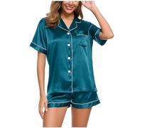 TURWXGSO Summer Pyjamas for Women 2 Pieces Silk Satin Solid Color Plus Size Pjs Set Turndown Collar Button Down Tops + Baggy Shorts Comfortable Oversized Nightwear