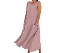 TURWXGSO Sundresses for Women UK Casual Cotton Linen Loose Fit Ladies Dress Summer Sleeveless Beach Party Long Dress with Pockets Elegant Holiday Solid Vacation Dress