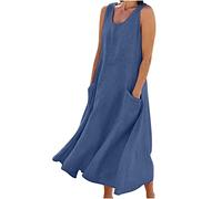 TURWXGSO Sundresses for Women UK Casual Cotton Linen Loose Fit Ladies Dress Summer Sleeveless Beach Party Long Dress with Pockets Elegant Holiday Solid Vacation Dress