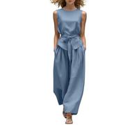 TURWXGSO Two Piece Set for Women Trendy Casual Summer Business Outfits Solid Color Sleeveless Tie Waist Tank Tops Wide Leg Pants Loose Matching Suit Wedding Guest Sets