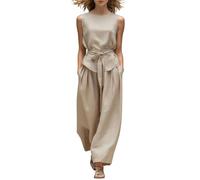 TURWXGSO Two Piece Set for Women Trendy Casual Summer Business Outfits Solid Color Sleeveless Tie Waist Tank Tops Wide Leg Pants Loose Matching Suit Wedding Guest Sets