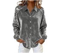 TURWXGSO Velvet Party Blouses for Women UK Sparkly Sequin Tops Glittery Long Sleeve Tops Button Down V Neck Velour Shirts Baggy Elegant Evening Party Wear Solid Color Size S-XXL