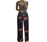 TURWXGSO Wedding Jumpsuits for Women UK Elegant One Shoulder Floral Printed Dungarees High Waisted V Neck Rompers Plain Dressy Casual Full Length Wide Leg One Piece Outfits for Party Vacation