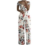 TURWXGSO Wedding Jumpsuits for Women UK Elegant One Shoulder Floral Printed Dungarees High Waisted V Neck Rompers Plain Dressy Casual Full Length Wide Leg One Piece Outfits for Party Vacation