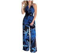 TURWXGSO Wide Leg Jumpsuit for Women UK Tropical Print Overalls Sexy Deep V Neck Backless Halterneck Jumpsuit Boho Beach Cover-Up Palazzo Pants Resort Wear UK Holiday Essentials