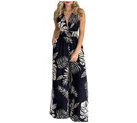 TURWXGSO Wide Leg Jumpsuit for Women UK Tropical Print Overalls Sexy Deep V Neck Backless Halterneck Jumpsuit Boho Beach Cover-Up Palazzo Pants Resort Wear UK Holiday Essentials