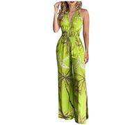 TURWXGSO Wide Leg Jumpsuit for Women UK Tropical Print Overalls Sexy Deep V Neck Backless Halterneck Jumpsuit Boho Beach Cover-Up Palazzo Pants Resort Wear UK Holiday Essentials