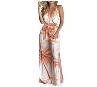 TURWXGSO Wide Leg Jumpsuit for Women UK Tropical Print Overalls Sexy Deep V Neck Backless Halterneck Jumpsuit Boho Beach Cover-Up Palazzo Pants Resort Wear UK Holiday Essentials