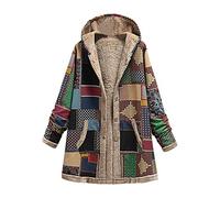 TURWXGSO Winter Coats for Women UK Plus Size Women's Ethnic Print Hooded Jacket Tribal Pattern Fleece Lined Button Front Mid Length Coat wth Pockets Autumn Winter Boho Outerwear Parka Coats