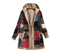 TURWXGSO Winter Coats for Women UK Plus Size Women's Ethnic Print Hooded Jacket Tribal Pattern Fleece Lined Button Front Mid Length Coat wth Pockets Autumn Winter Boho Outerwear Parka Coats