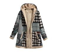 TURWXGSO Winter Coats for Women UK Plus Size Women's Ethnic Print Hooded Jacket Tribal Pattern Fleece Lined Button Front Mid Length Coat wth Pockets Autumn Winter Boho Outerwear Parka Coats
