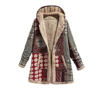 TURWXGSO Winter Coats for Women UK Plus Size Women's Ethnic Print Hooded Jacket Tribal Pattern Fleece Lined Button Front Mid Length Coat wth Pockets Autumn Winter Boho Outerwear Parka Coats