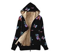 TURWXGSO Winter Coats for Women UK Plush Butterfly Printed Hooded Coat Casual Loose Fitting Thermal Sweatshirt Jacket Zipper Up Long Sleeved Thicked Coat with Pockets