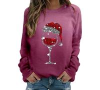 TURWXGSO Women Christmas Sweatshirt Funny Red Wine Glass Christmas Jumpers Ugly Xmas Holiday Long Sleeve Pullover Shirts Round Neck Casual Tunic Tops Novelty Oversized Sweater Plus Size