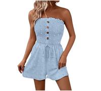TURWXGSO Women Jumpsuit Sexy Off Shoulder Jumpsuit for Women Summer Rompers Strapless Elastic Waist Beach Playsuit One Piece Shorts Jumpsuit with Pockets And Button Solid Color