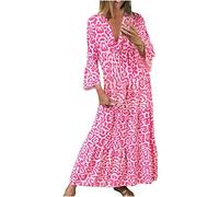 TURWXGSO Women Maxi Dress Summer Dresses Loose & Flowy Floral Printing Long Dress 3/4 Sleeve V-Neck Splice Mid-Calf Casual Dress Lace-Up Dress Leisure Layered A-Line Dress