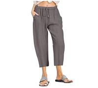 TURWXGSO Women’S Solid Color Cotton Linen Cropped Trousers with Drawstring Waist & Side Pockets, Relaxed Fit Wide Leg Straight Cut Casual Capri Pants for Summer Daily Wear