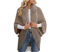 TURWXGSO Women Winter Knitted Shawl Poncho Faux Fur Collar Fringe Cape Knit Sweater Oversized Blanket Poncho Cape Long Sleeve Bohemian Cardigans Autumn Winter Warm Casual Festive Outerwear