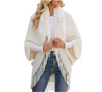 TURWXGSO Women Winter Knitted Shawl Poncho Faux Fur Collar Fringe Cape Knit Sweater Oversized Blanket Poncho Cape Long Sleeve Bohemian Cardigans Autumn Winter Warm Casual Festive Outerwear