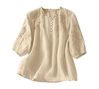 TURWXGSO Womens Blouses Summer Floral Embroidered Blouse 3/4 Sleeve Crew Neck Pullover Tops Casual Loose Solid Color Shirts Lightweight Breathable Summer Tunic Tops for Daily Office Wear