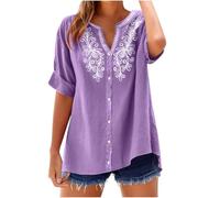 TURWXGSO Women's Boho Shirts Short Sleeve Summer Tops Vintage Ethnic Embroidered V Neck Blouses Button Down Casual T-Shirts Loose Fit Floral Color Tops Vacation Streetwear Shirts