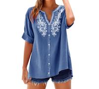 TURWXGSO Women's Boho Shirts Short Sleeve Summer Tops Vintage Ethnic Embroidered V Neck Blouses Button Down Casual T-Shirts Loose Fit Floral Color Tops Vacation Streetwear Shirts