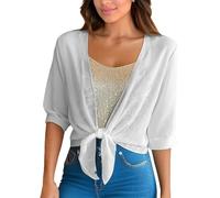 TURWXGSO Women's Cardigan Tops UK V Neck 3/4 Sleeve Open Front Cardigan Solid Tie Waist Lightweight Sun Protection Tops Casual Loose Chiffon Blouse Holiday Beach Bikini Cover Ups