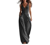 TURWXGSO Women's Casual Jumpsuit Dressy V Neck Sleeveless Button Down Cotton Slim Overalls Vintage Elegant Wide Leg Cargo Pant Romper Fashion Summer Work Vacation Playsuits
