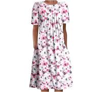 TURWXGSO Women's Casual Loose T Shirt Dresses Short Sleeve Round Neck Folding Floral Printed Dresses Bohemian Midi Summer Tunic Dresses Daywear Garden Party Dresses Holiday Beach Sun Dresses