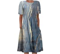 TURWXGSO Women's Casual Loose T Shirt Dresses Short Sleeve Round Neck Folding Floral Printed Dresses Bohemian Midi Summer Tunic Dresses Daywear Garden Party Dresses Holiday Beach Sun Dresses