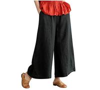 TURWXGSO Womens Cotton Linen Wide Leg Trousers Casual Elastic High Waist Culottes Pants Solid Color Baggy Flared Pants Loose Elegant Beach Lounge Pants with Pockets