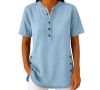 TURWXGSO Women's Denim Shirt Button Down V Neck Short Sleeve Jean Shirts Casual Loose Fit Solid Color Denim Blouse Trendy Summer T-Shirts for Daily Streetwear Outfits