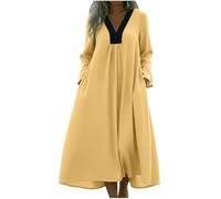 TURWXGSO Womens Dresses Linen Long Sleeve V Neck A-Line Dresses Flowy Boho Maxi Dress Oversized Casual Shift Dress for Fashion Everyday Evening Wedding Cocktail Party Wear