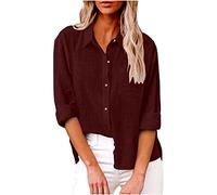 TURWXGSO Women's Dressy Shirts Long/Roll Up Sleeve Button Down Collared Shirt Linen Tunic Blouse Oversize Tops Elegant T Shirts Business Casual Work Blouse Plus Size 8-22 UK Clearance
